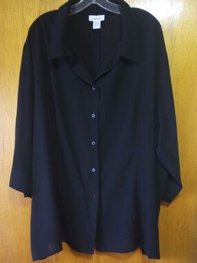 Avenue Classic Traditional Black Polyester Blouse w/ Collar, Plus Size 30/32